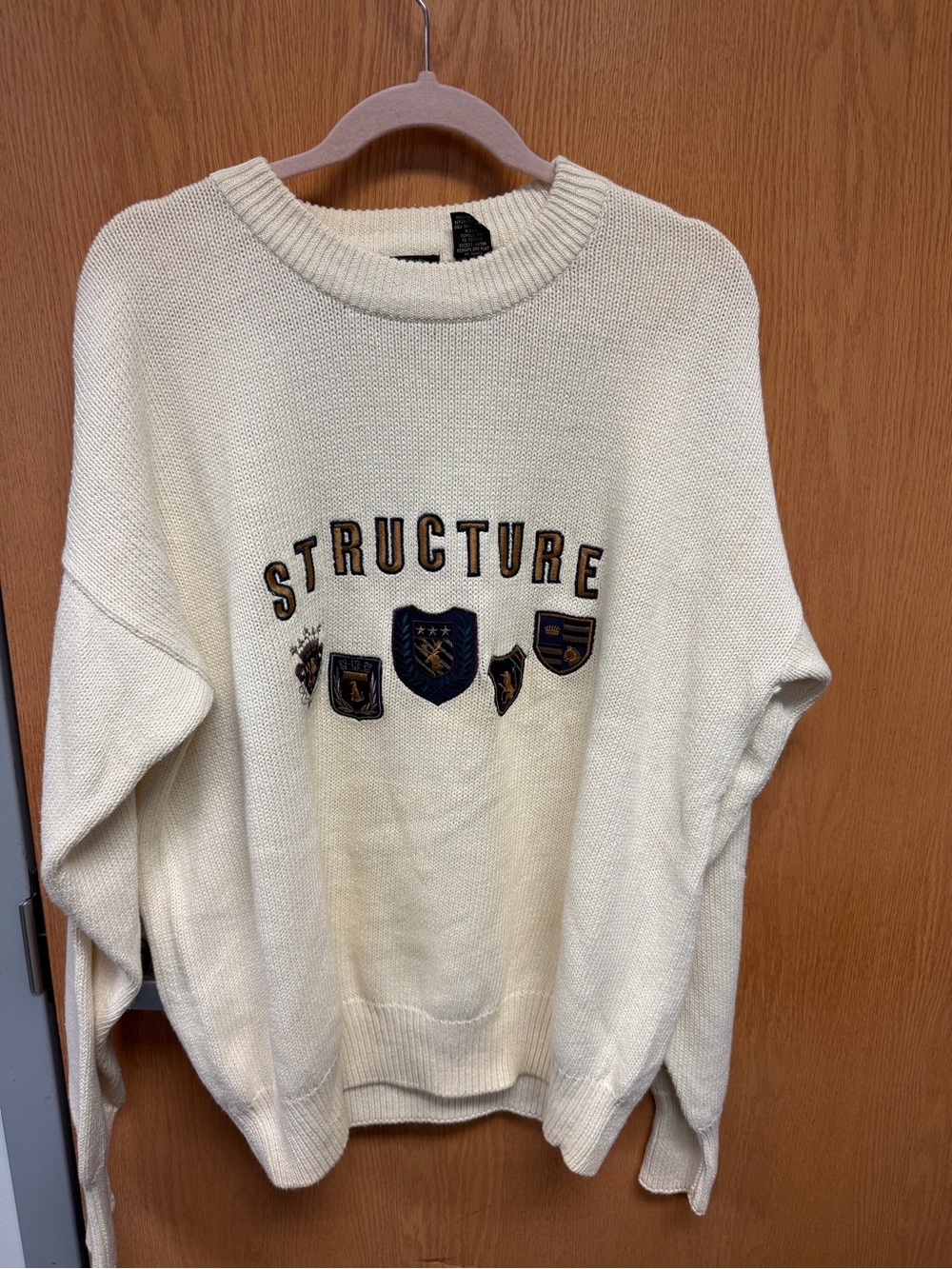Structure Vintage 90’s Cream Crewneck Sweater with Embroidered Crests